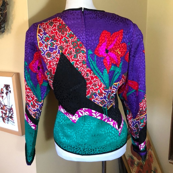 Vtg 80s UMI COLL Size 16 Silk VIVID Floral Geometric Zip-Back Pullover Artistic - Picture 7 of 12